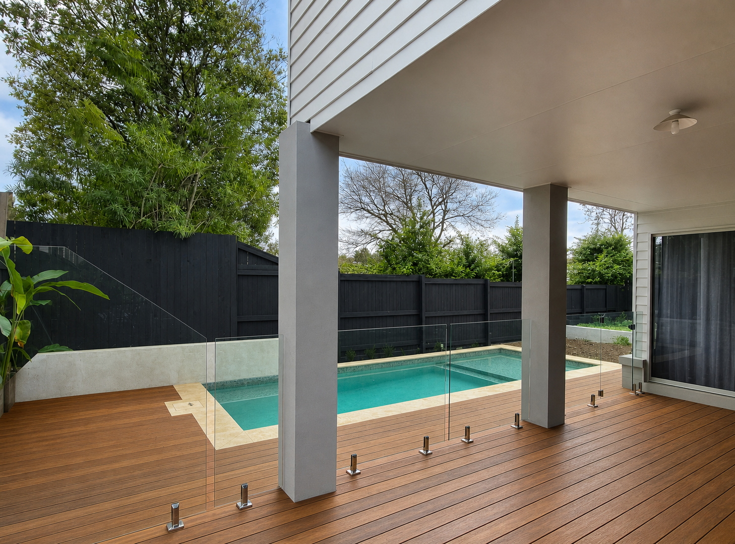 Completed Newmarket outdoor living area with a covered timber deck, glass pool fence and landscaped pool surrounds