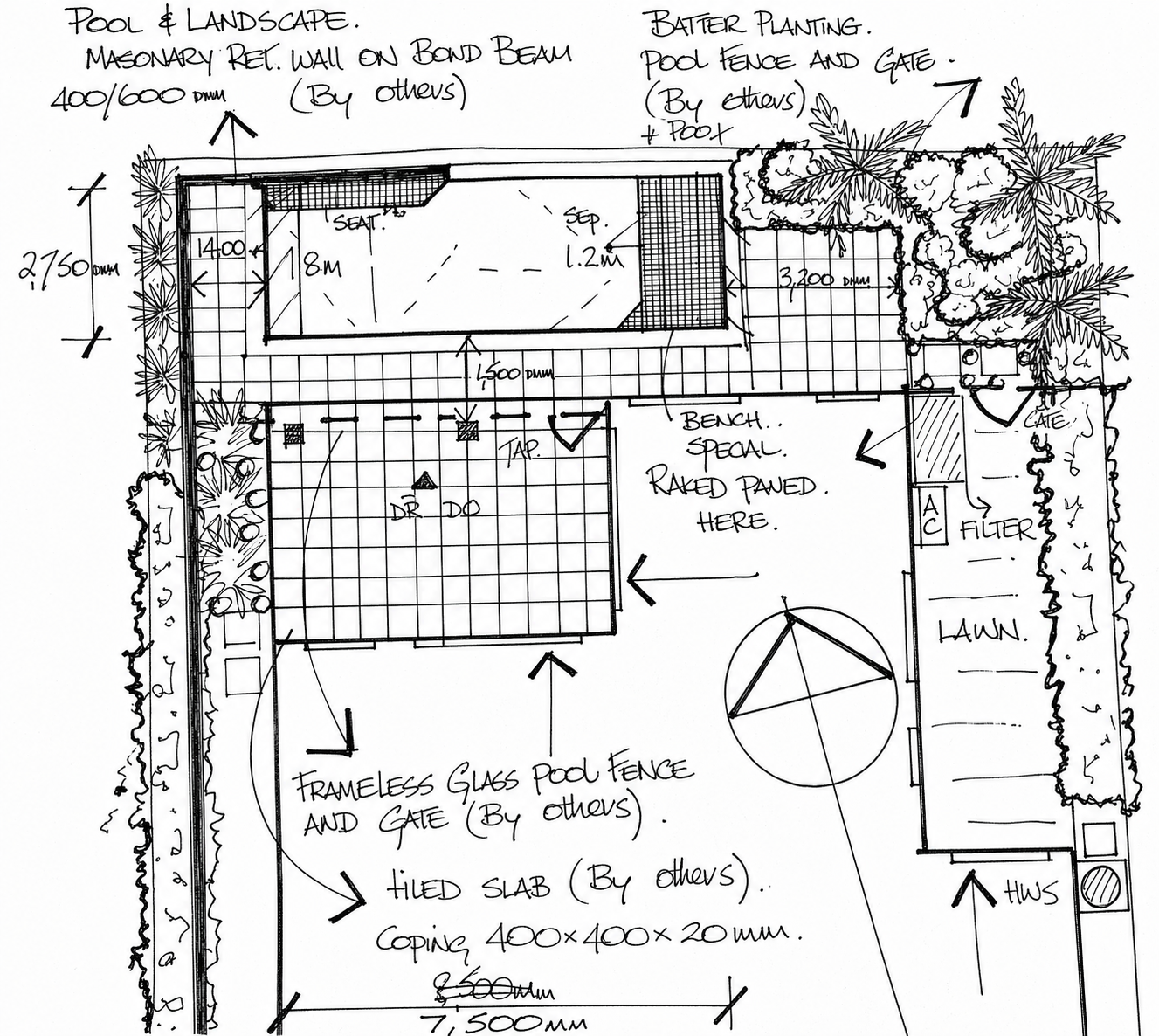 Black-and-white scan of the original pool and tiled terrace concept sketch